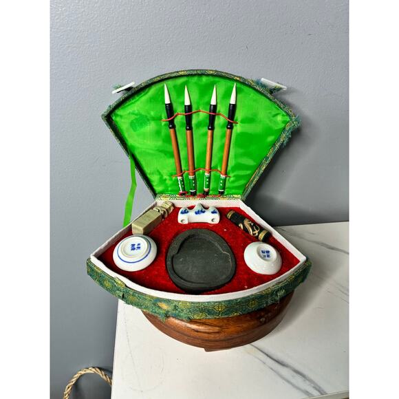 Vintage Chinese Calligraphy Writing Set in Brocade Case - Picture 4 of 11